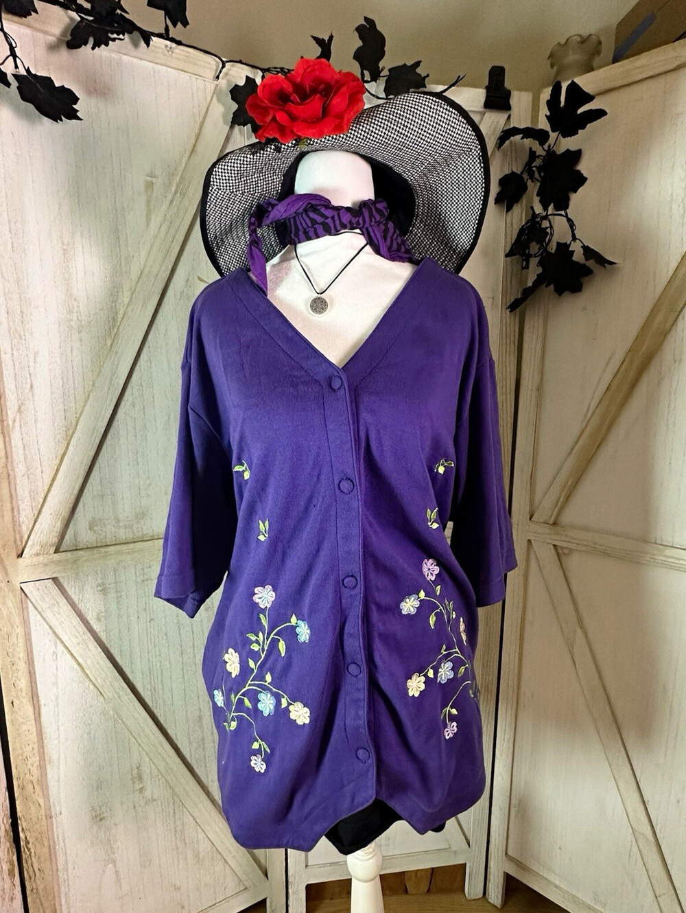 Only Necessities 90’s cottage grandma embroidery short sleeve cardigan 2xl